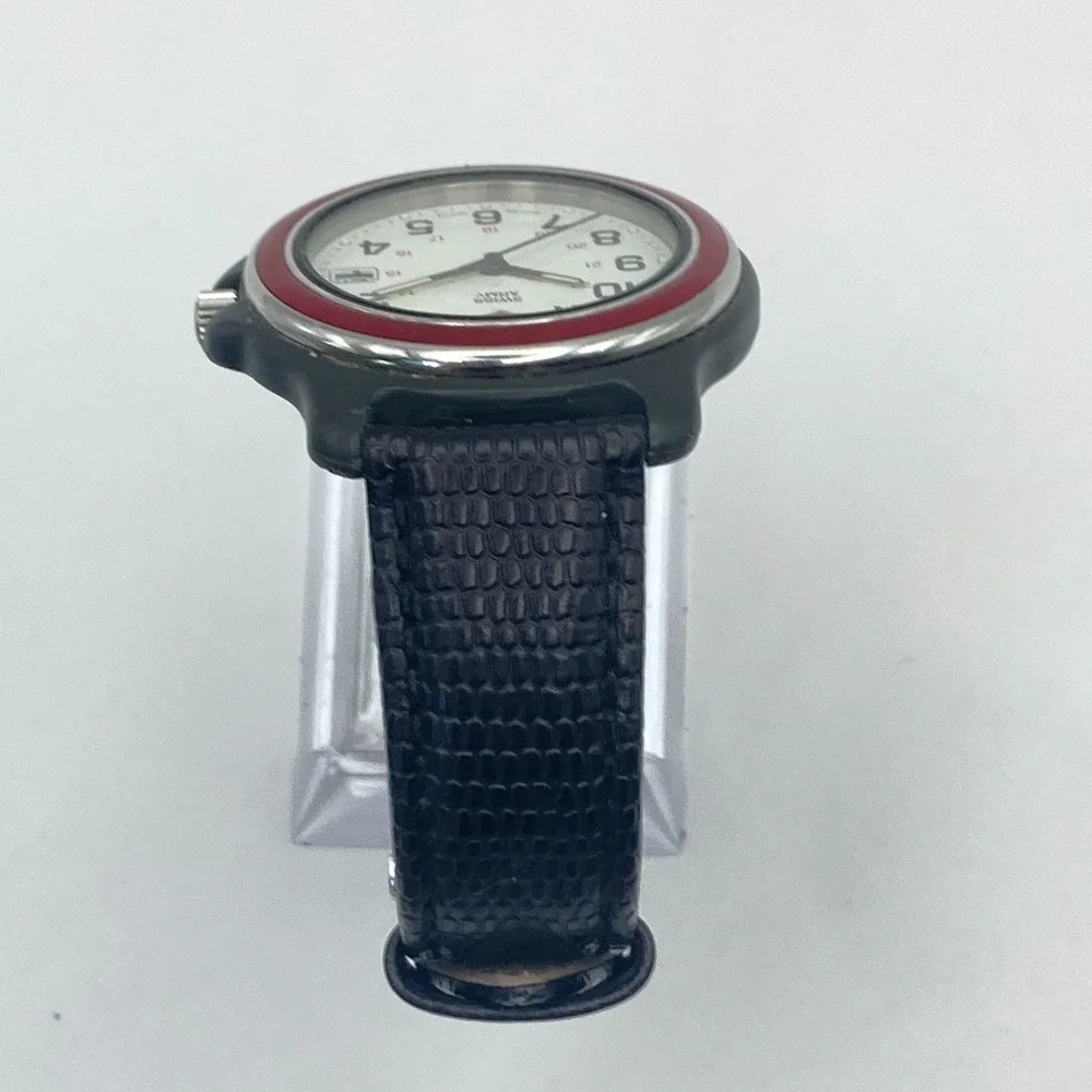 Vintage Swiss Army Men's Watch 38mm Red Bezel Date Black Leather New Battery